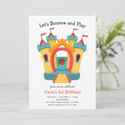 Uitnodiging voor verjaardagsfeestje in springhuis (Staand voorkant)