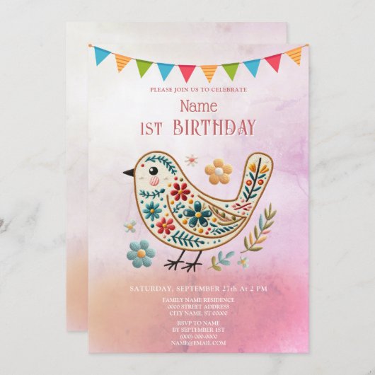 Uitnodiging voor verjaardagsfeestje Little Bird Fl (Voorkant / Achterkant)