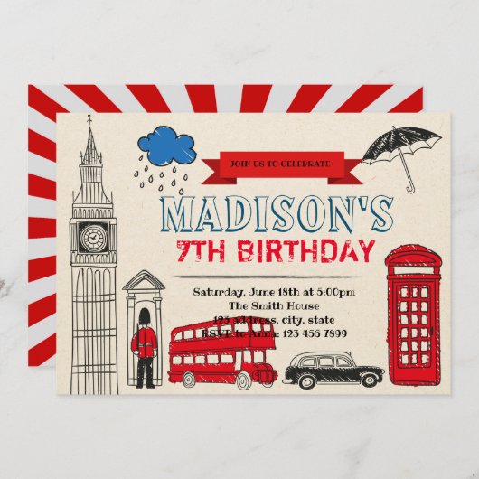 Uitnodiging voor verjaardagsfeestje Londen (Voorkant / Achterkant)