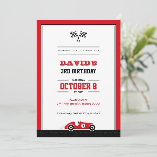 Uitnodiging voor verjaardagsfeestje met autorace (Staand voorkant)