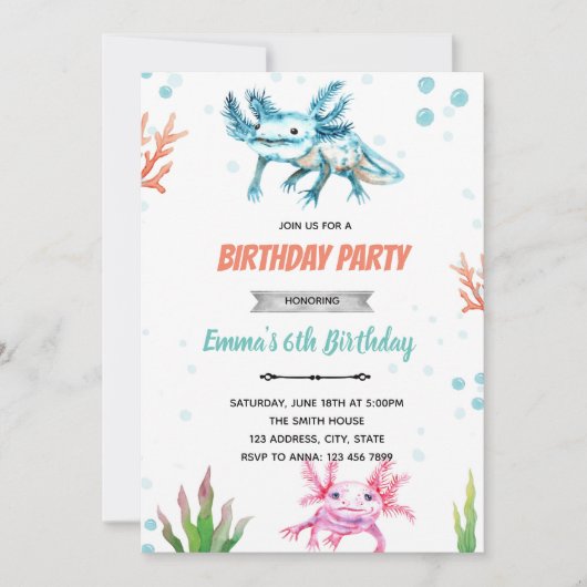 Uitnodiging voor verjaardagsfeestje met axolotl (Voorkant)