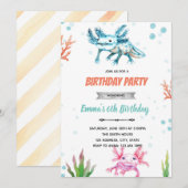 Uitnodiging voor verjaardagsfeestje met axolotl (Voorkant / Achterkant)