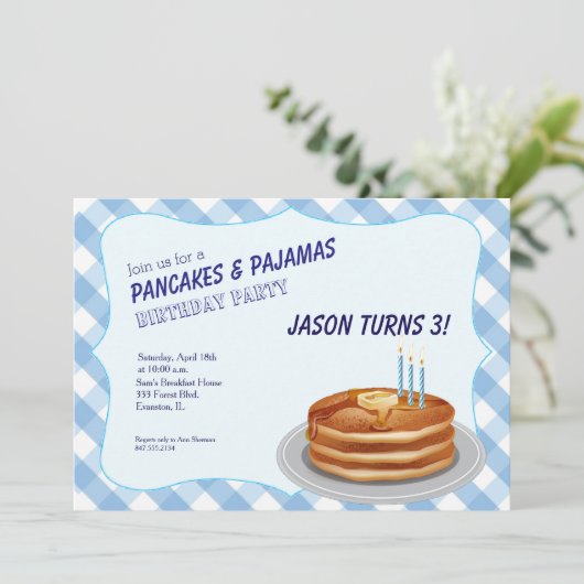 uitnodiging voor verjaardagsfeestje met blauwe pan (Staand voorkant)