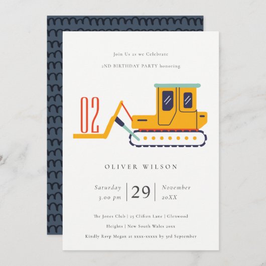 Uitnodiging voor verjaardagsfeestje met bouwaandri (Voorkant / Achterkant)