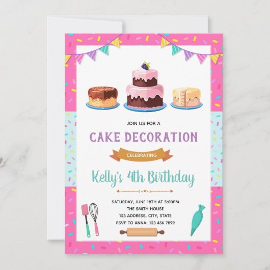 Uitnodiging voor verjaardagsfeestje met cake versi (Voorkant)