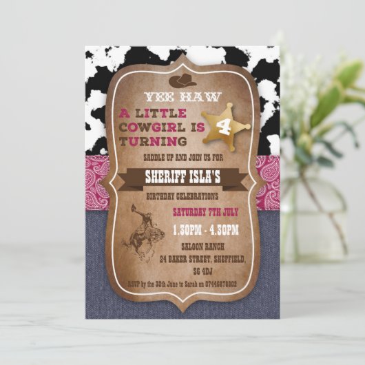 Uitnodiging voor verjaardagsfeestje met cowboythem (Staand voorkant)