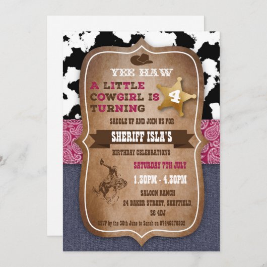 Uitnodiging voor verjaardagsfeestje met cowboythem (Voorkant / Achterkant)