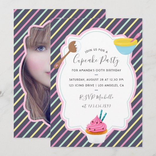 Uitnodiging voor verjaardagsfeestje met cupcake ba (Voorkant / Achterkant)