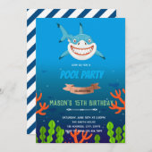 Uitnodiging voor verjaardagsfeestje met haai-thema (Voorkant / Achterkant)