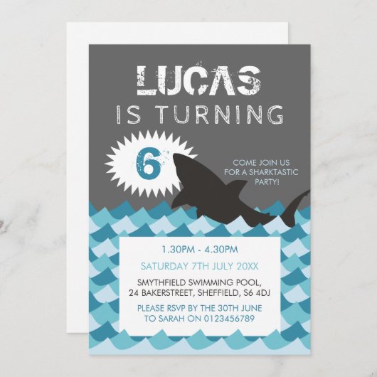 Uitnodiging voor verjaardagsfeestje met haaienthem (Voorkant / Achterkant)