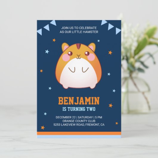 Uitnodiging voor verjaardagsfeestje met hamster (Staand voorkant)