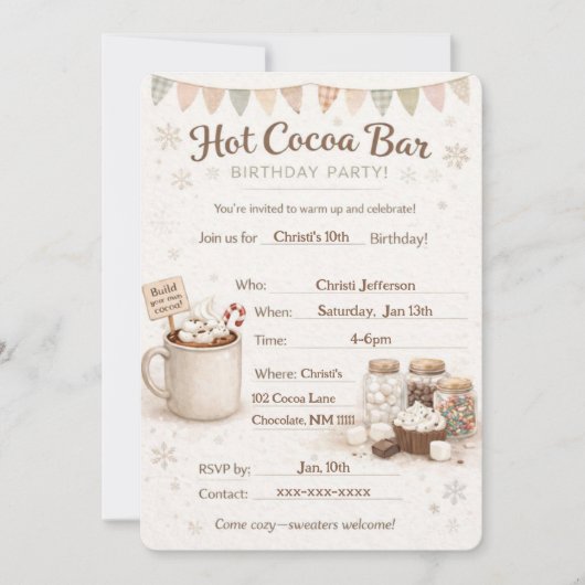 Uitnodiging voor verjaardagsfeestje met hete cacao (Voorkant)