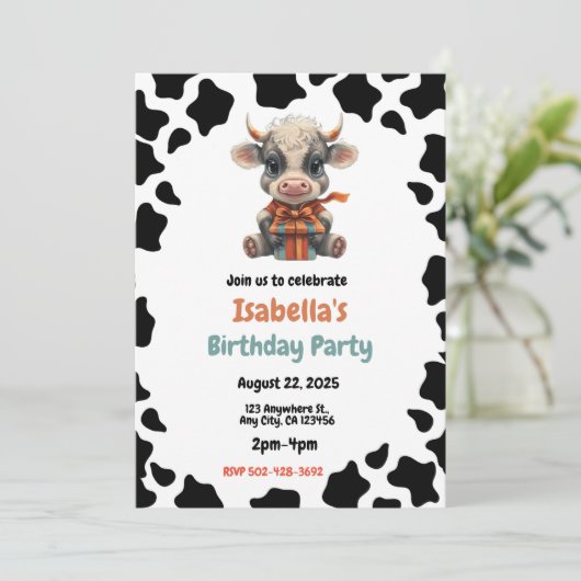 Uitnodiging voor verjaardagsfeestje met koe thema (Staand voorkant)