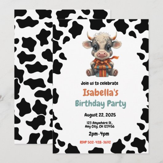 Uitnodiging voor verjaardagsfeestje met koe thema (Voorkant / Achterkant)