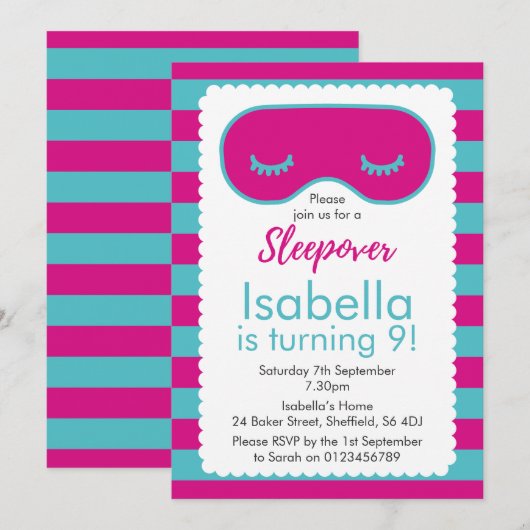 Uitnodiging voor verjaardagsfeestje met logeerthem (Voorkant / Achterkant)