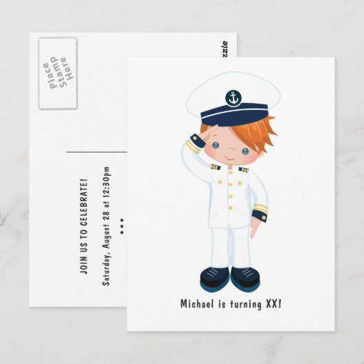 Uitnodiging voor verjaardagsfeestje met maritiem t (Voorkant / Achterkant)