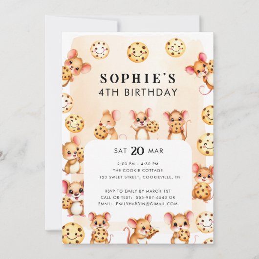 Uitnodiging voor verjaardagsfeestje met muis- en k (Voorkant)