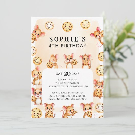 Uitnodiging voor verjaardagsfeestje met muis- en k (Staand voorkant)