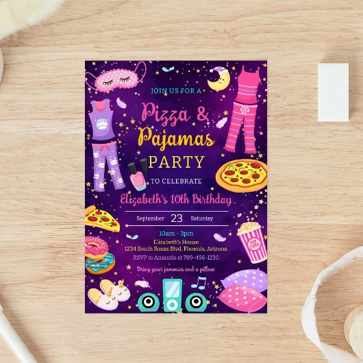 Uitnodiging voor verjaardagsfeestje met pizza, pyj