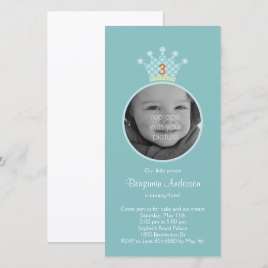 Uitnodiging voor verjaardagsfeestje met prins foto (Voorkant / Achterkant)