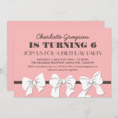 Uitnodiging voor verjaardagsfeestje met roze linte (Voorkant / Achterkant)