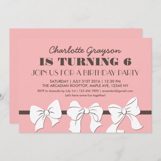 Uitnodiging voor verjaardagsfeestje met roze linte (Voorkant / Achterkant)