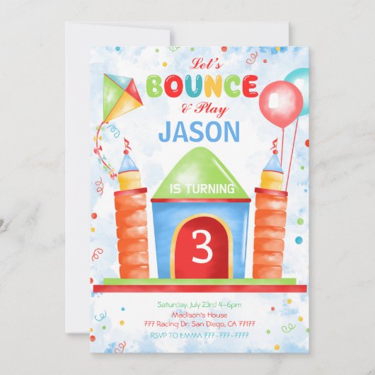 Uitnodiging voor verjaardagsfeestje met springkuss (Voorkant)