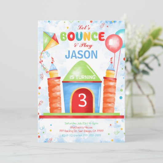 Uitnodiging voor verjaardagsfeestje met springkuss (Staand voorkant)