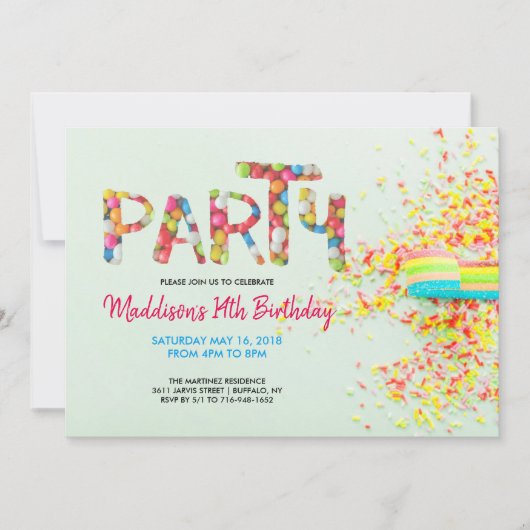 Uitnodiging voor verjaardagsfeestje met strooideco (Voorkant)