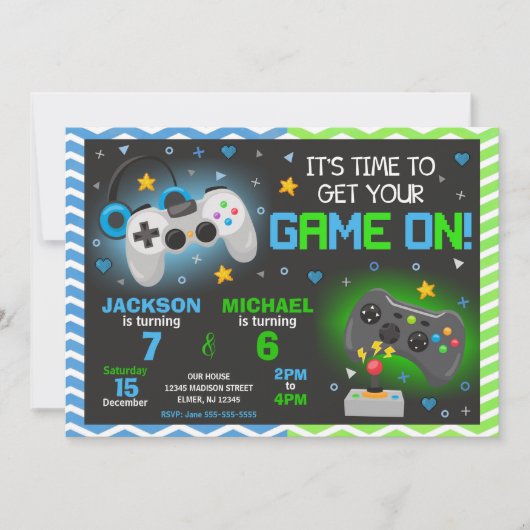 Uitnodiging voor verjaardagsfeestje met videogames (Voorkant)