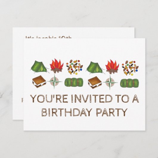 Uitnodiging voor verjaardagsfeestje met zomerkamp  (Voorkant / Achterkant)