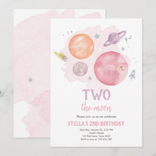 Uitnodiging voor verjaardagsfeestje Outer Space Pl (Voorkant / Achterkant)