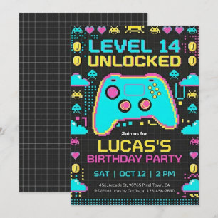 =Uitnodiging voor verjaardagsfeestje Pixel Gamer V Kaart
