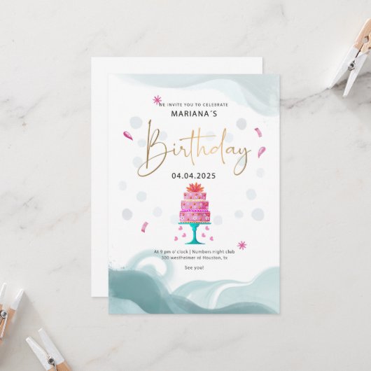 Uitnodiging voor verjaardagsfeestje | Roze cake th (Voorkant / Achterkant in situ)