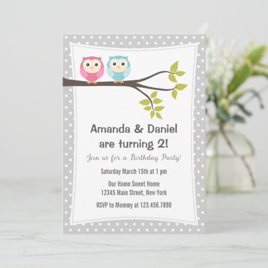 Uitnodiging voor verjaardagsfeestje tweeling uilen (Staand voorkant)