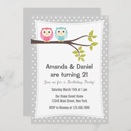Uitnodiging voor verjaardagsfeestje tweeling uilen (Voorkant / Achterkant)