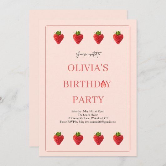 Uitnodiging voor verjaardagsfeestje van aardbeienb (Voorkant / Achterkant)
