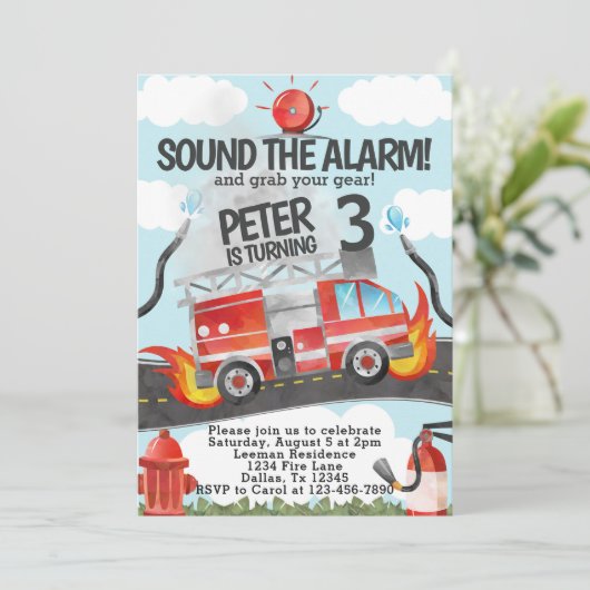 Uitnodiging voor verjaardagsfeestje van Firetruck (Staand voorkant)