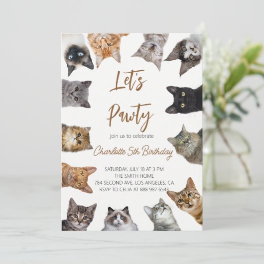 Uitnodiging voor verjaardagsfeestje van Kattenfees (Staand voorkant)