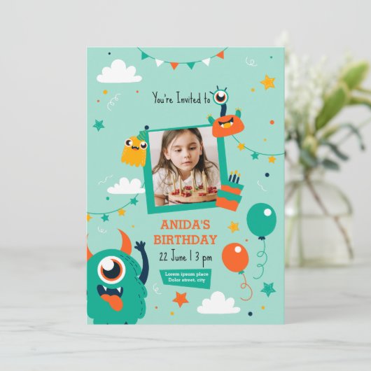 Uitnodiging voor verjaardagsfeestje van kleine mon (Staand voorkant)