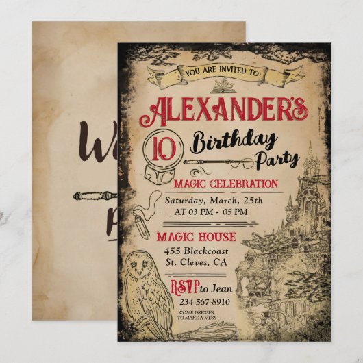 Uitnodiging voor verjaardagsfeestje van Magic Wiza (Voorkant / Achterkant)