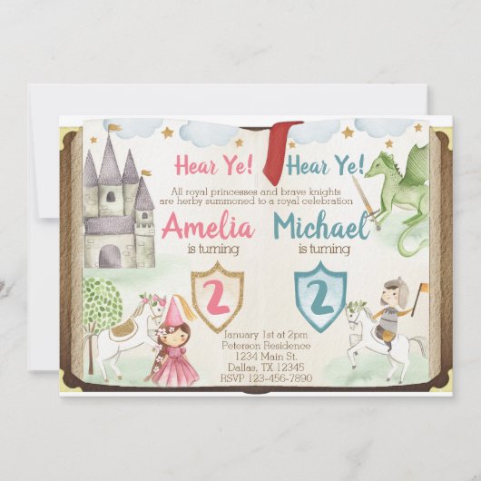 Uitnodiging voor verjaardagsfeestje van prinses en (Voorkant)