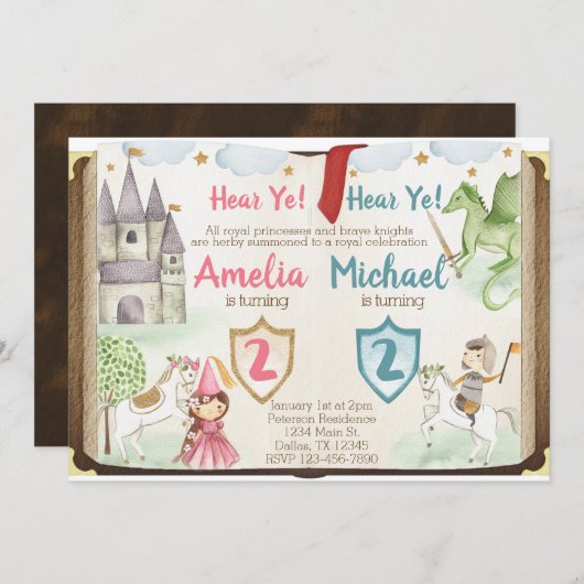 Uitnodiging voor verjaardagsfeestje van prinses en (Voorkant / Achterkant)