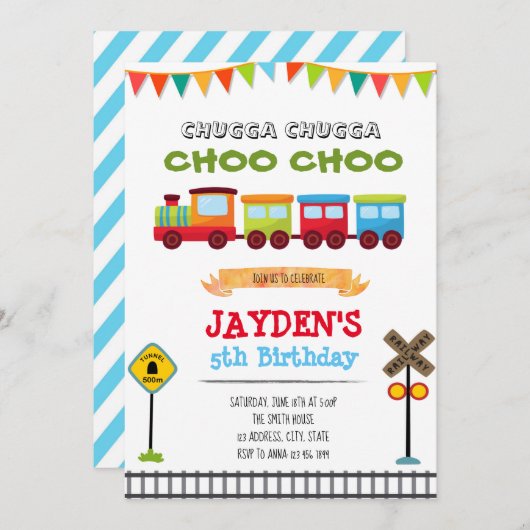 Uitnodiging voor verjaardagsfeestje van treinjonge (Voorkant / Achterkant)