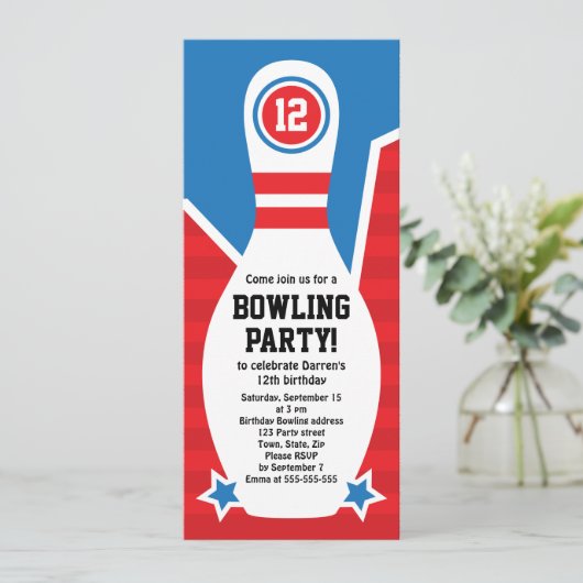 Uitnodiging voor verjaardagsfeestje voor Bowling m (Staand voorkant)