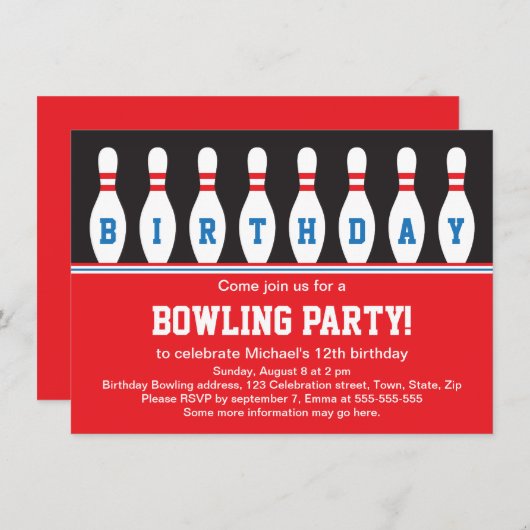 Uitnodiging voor verjaardagsfeestje voor Bowling m (Voorkant / Achterkant)