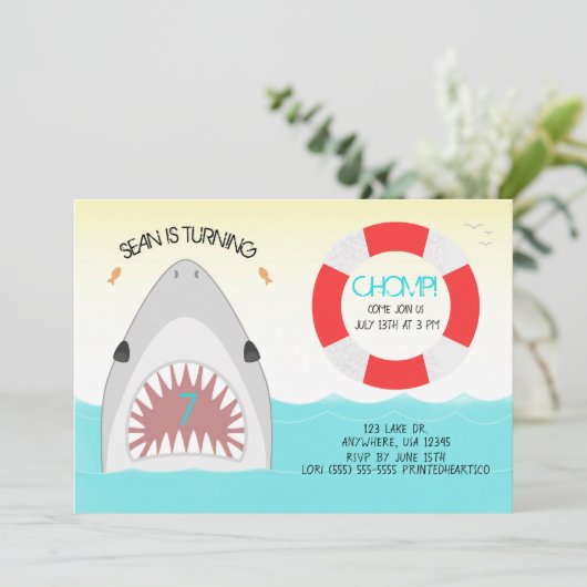 Uitnodiging voor verjaardagsfeestje voor haaien |  (Staand voorkant)
