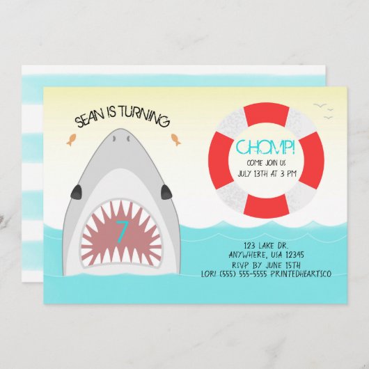 Uitnodiging voor verjaardagsfeestje voor haaien |  (Voorkant / Achterkant)