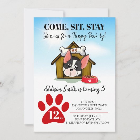 Uitnodiging voor verjaardagsfeestje voor puppy's (Voorkant)