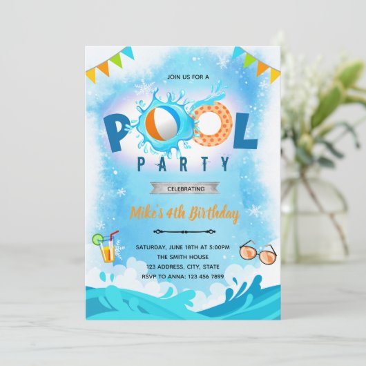 Uitnodiging voor verjaardagsfeestje zwembad in de  (Staand voorkant)